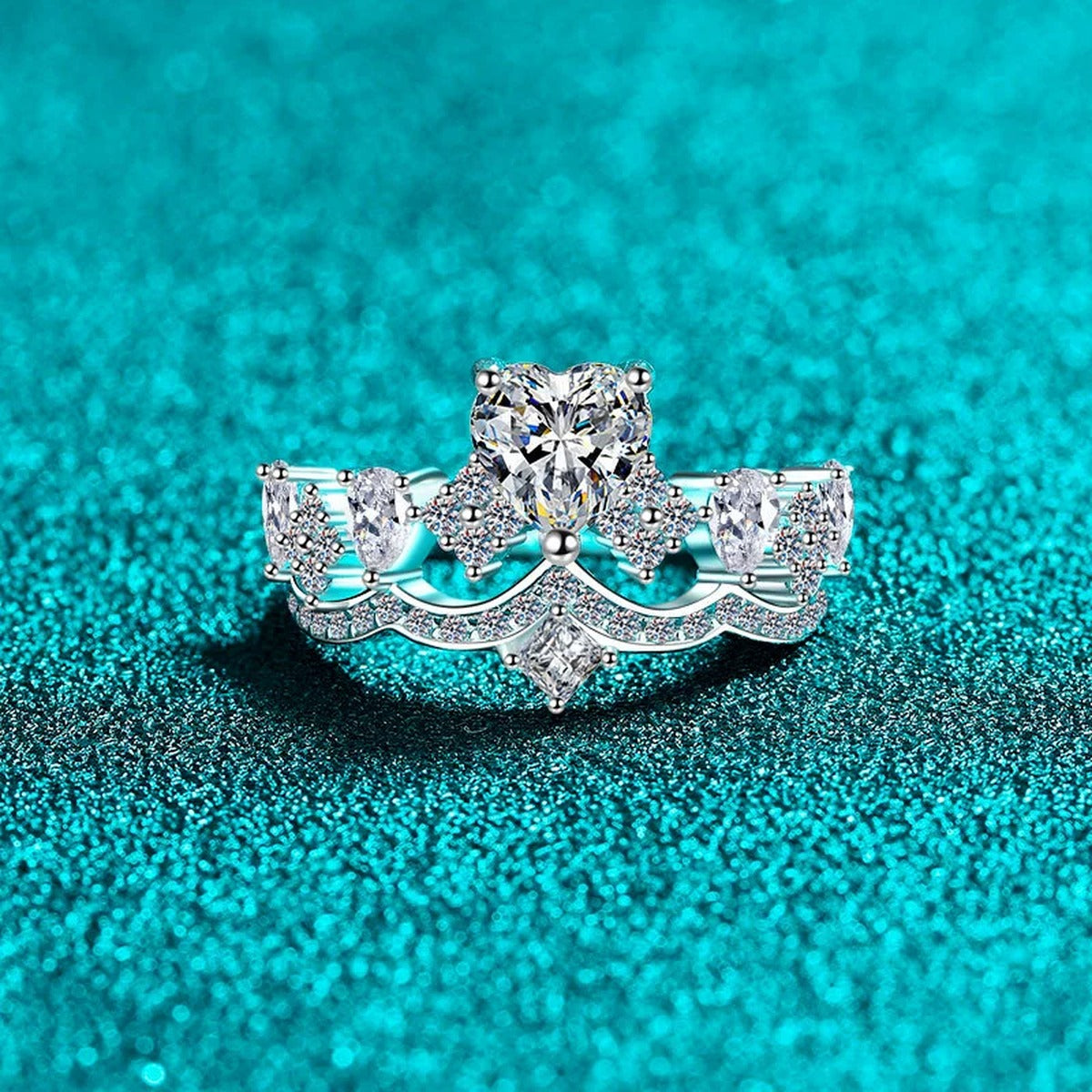 Heart Cut Moissanite Ring with CZ product view showing moissanite setting and metal finish