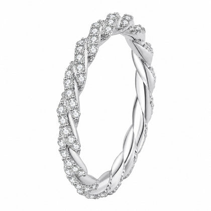 Round Moissanite Stackable Ring in rhodium-plated S925 sterling silver on clean white background