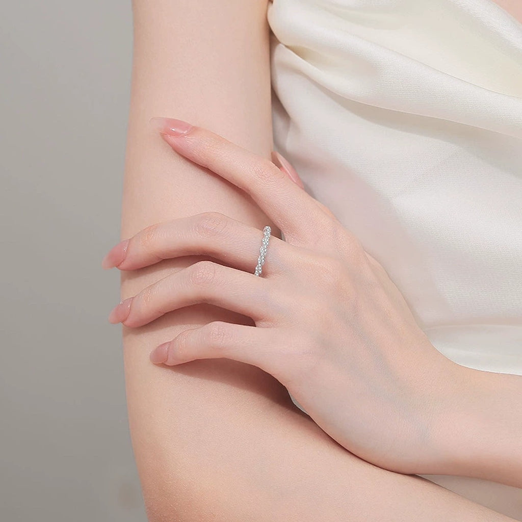 Round Moissanite Stackable Ring worn on hand to show scale, band width, and ring profile