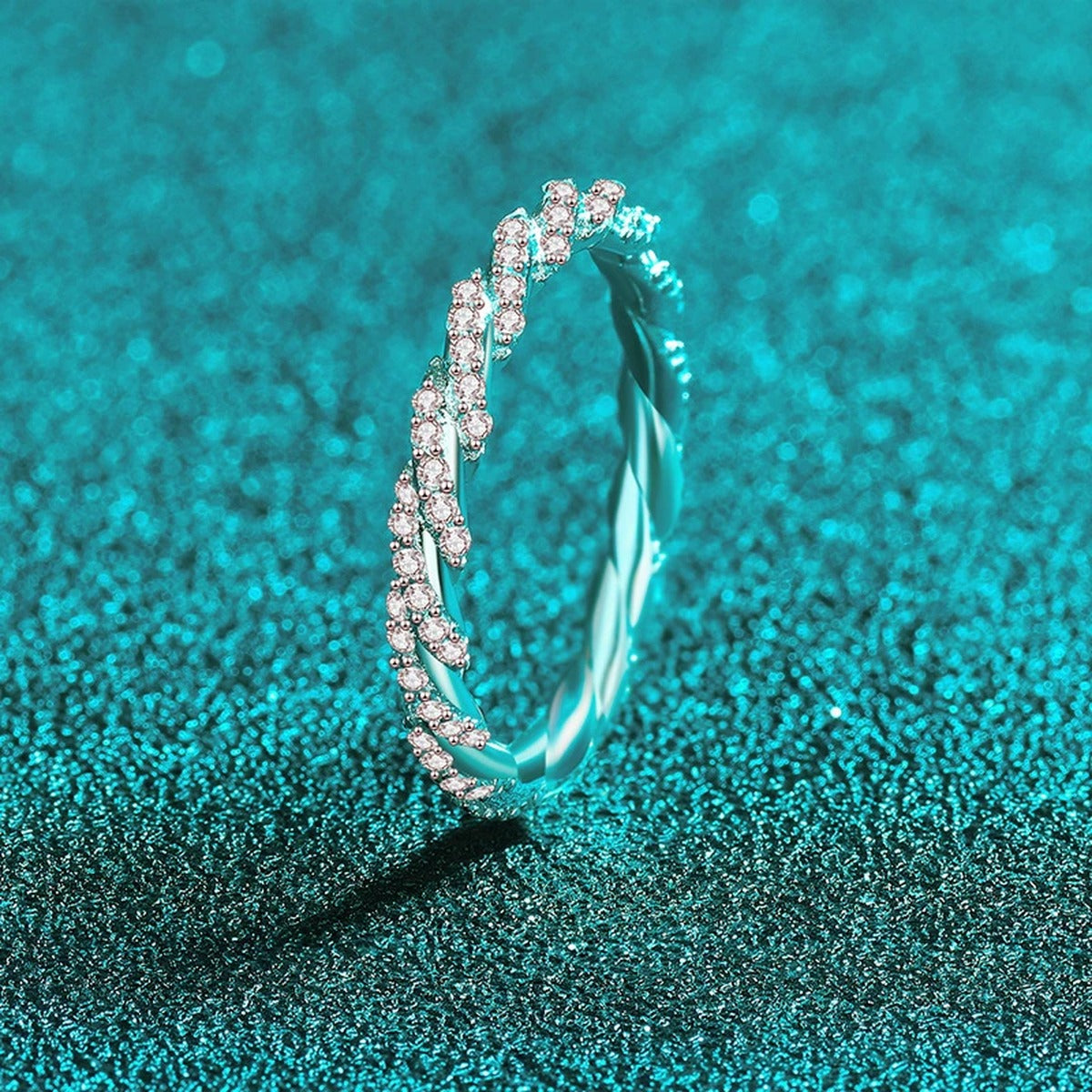 Round Moissanite Stackable Ring product view showing moissanite setting and metal finish
