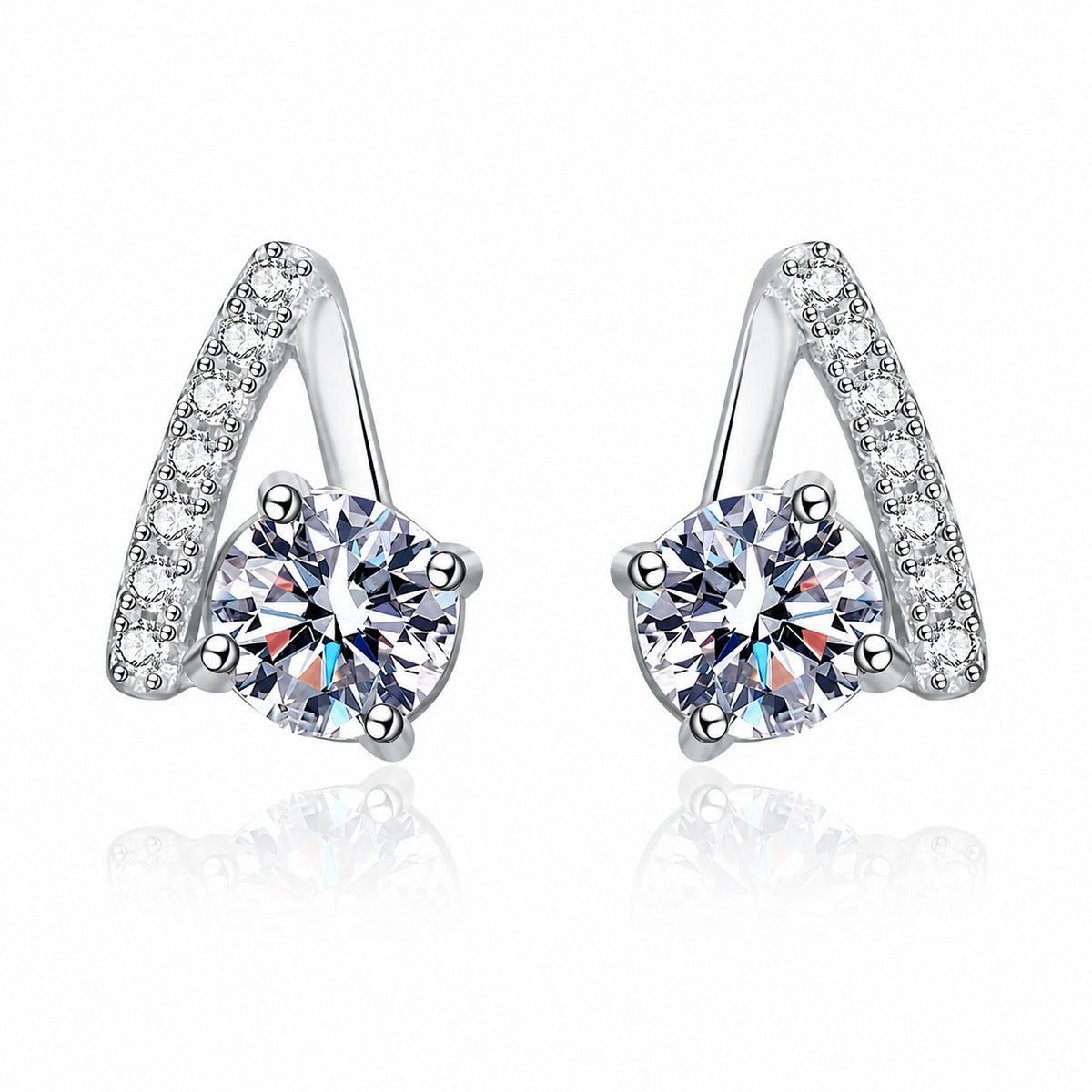 Round Moissanite Stud Earrings with CZ in Rhodium-Plated S925 sterling silver white background product photo showing the pair, stone shape, and stud earrings silhouette