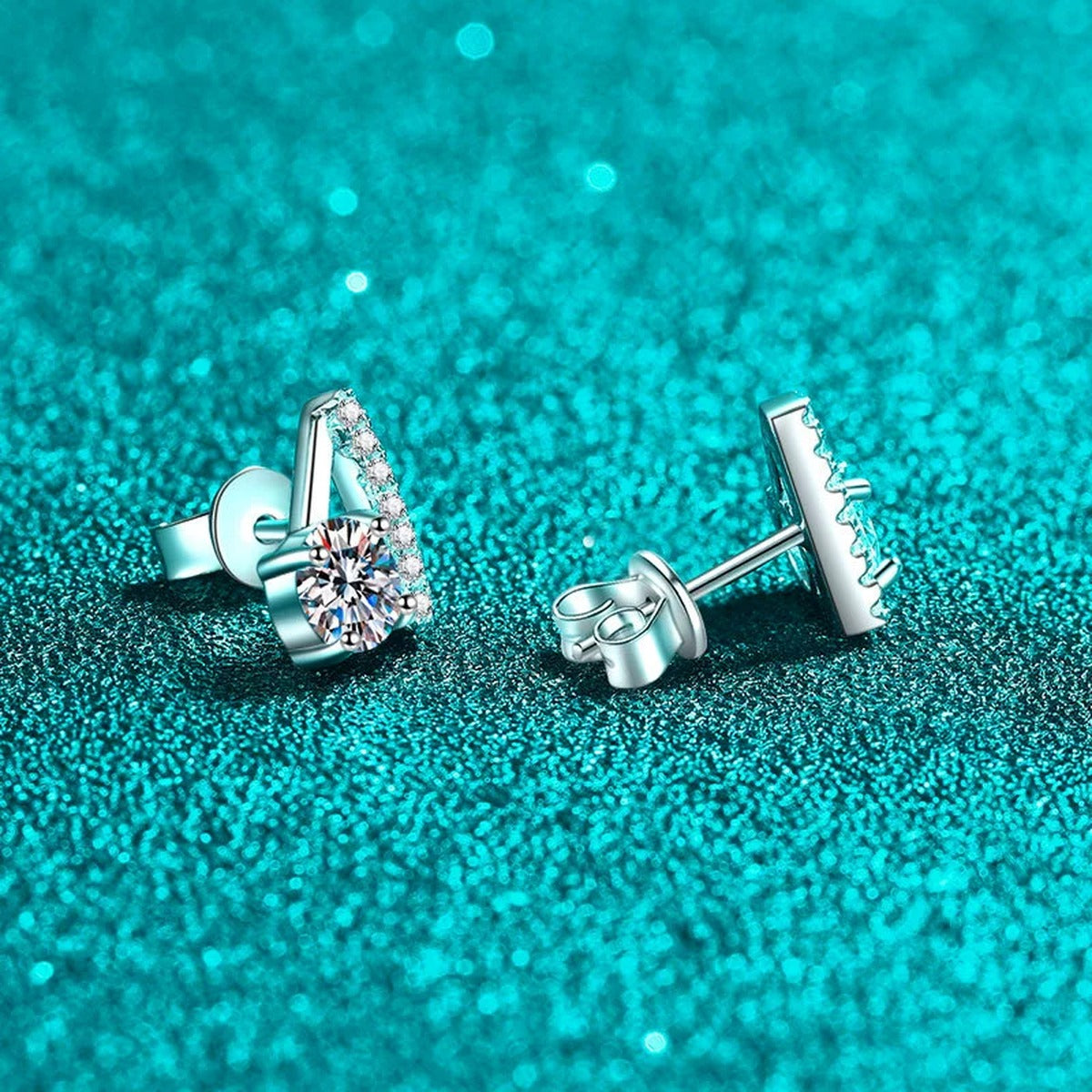 Round Moissanite Stud Earrings with CZ in Rhodium-Plated S925 sterling silver product scene view showing front sparkle