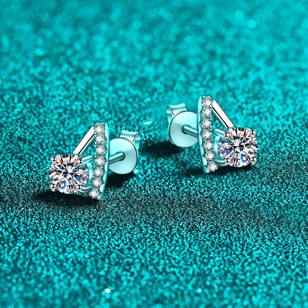 Round Moissanite Stud Earrings with CZ in Rhodium-Plated S925 sterling silver product scene view showing angled setting detail