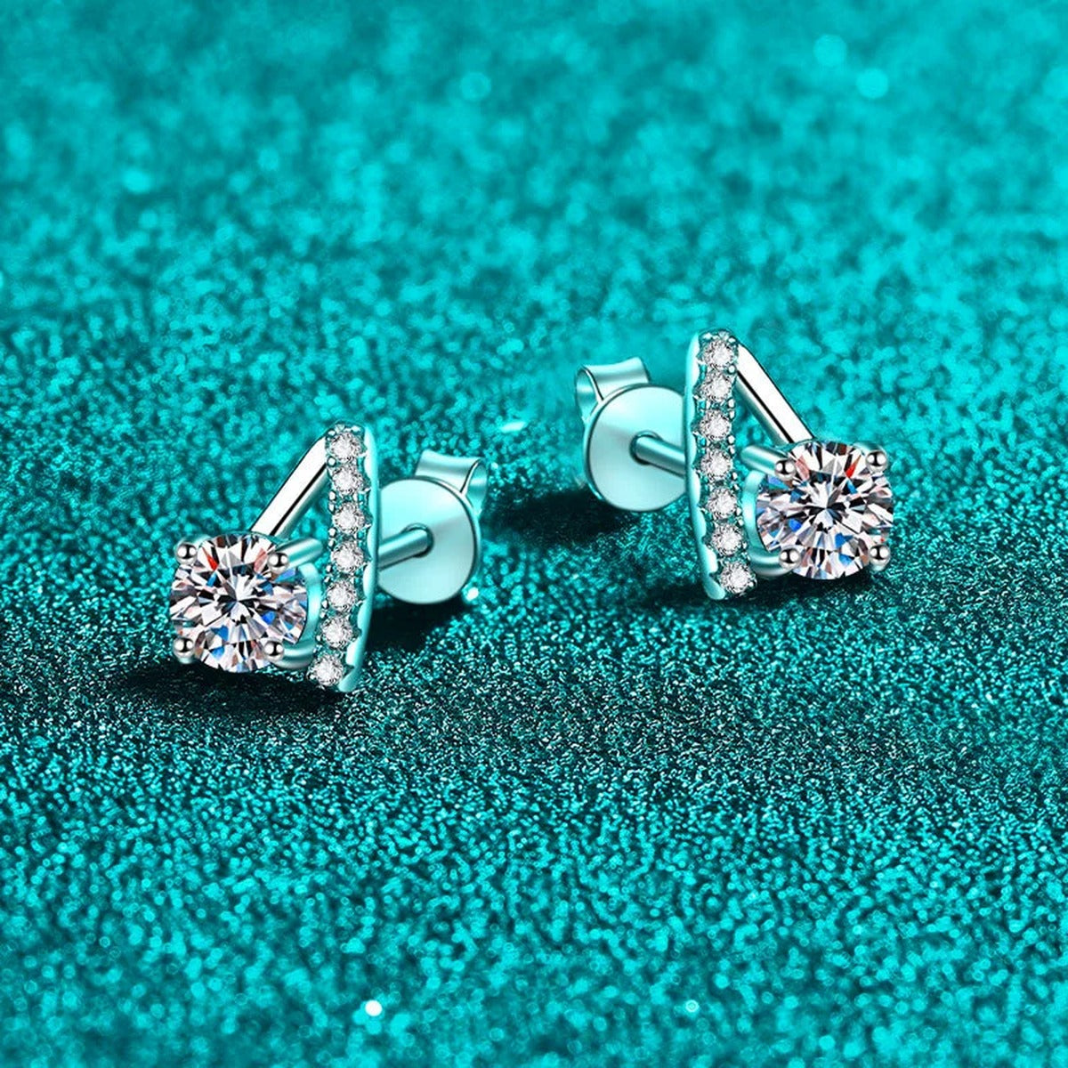Round Moissanite Stud Earrings with CZ in Rhodium-Plated S925 sterling silver product scene view showing angled setting detail
