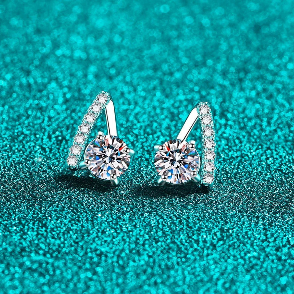 Round Moissanite Stud Earrings with CZ in Rhodium-Plated S925 sterling silver product scene view showing side profile