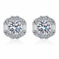 Round Halo Moissanite Stud Earrings with CZ in Rhodium-Plated S925 sterling silver white background product photo showing the pair, stone shape, and stud earrings silhouette