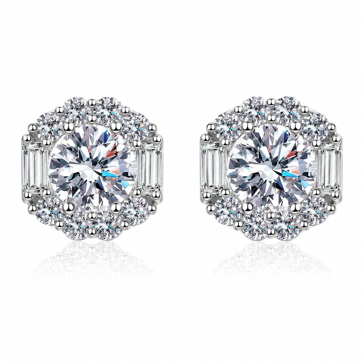 Round Halo Moissanite Stud Earrings with CZ in Rhodium-Plated S925 sterling silver white background product photo showing the pair, stone shape, and stud earrings silhouette