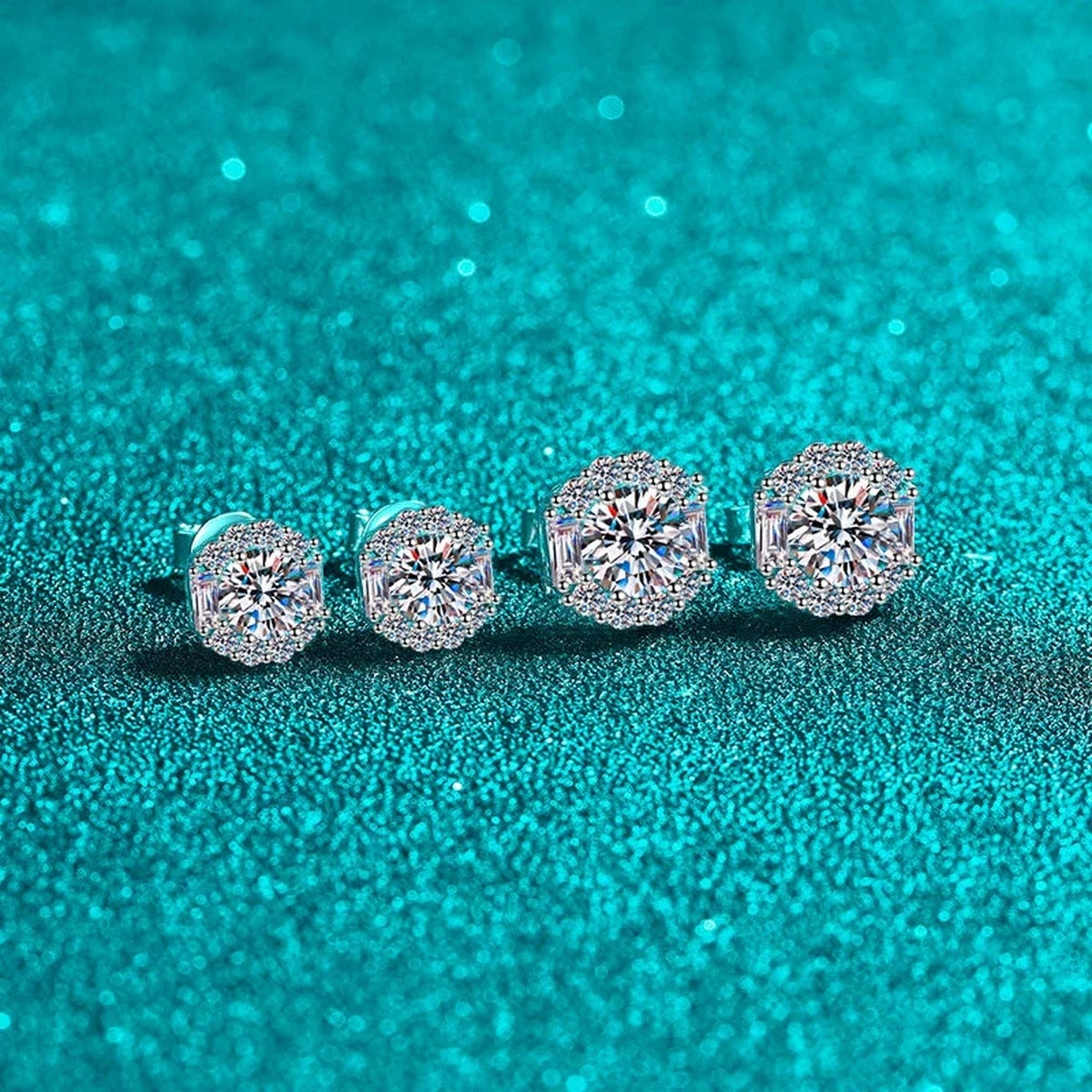 Round Halo Moissanite Stud Earrings with CZ in Rhodium-Plated S925 sterling silver product scene view showing front sparkle