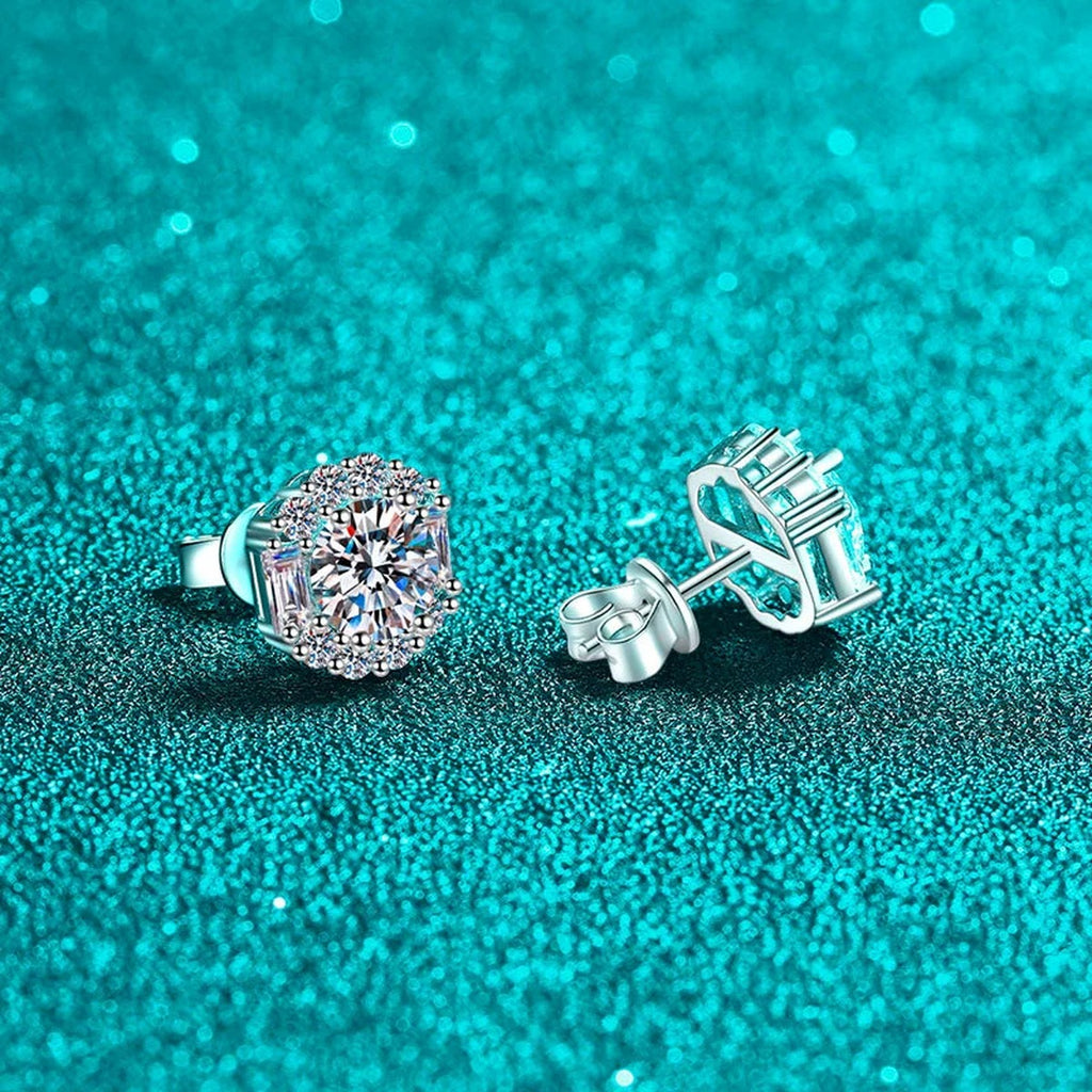 Round Halo Moissanite Stud Earrings with CZ in Rhodium-Plated S925 sterling silver product scene view showing angled setting detail