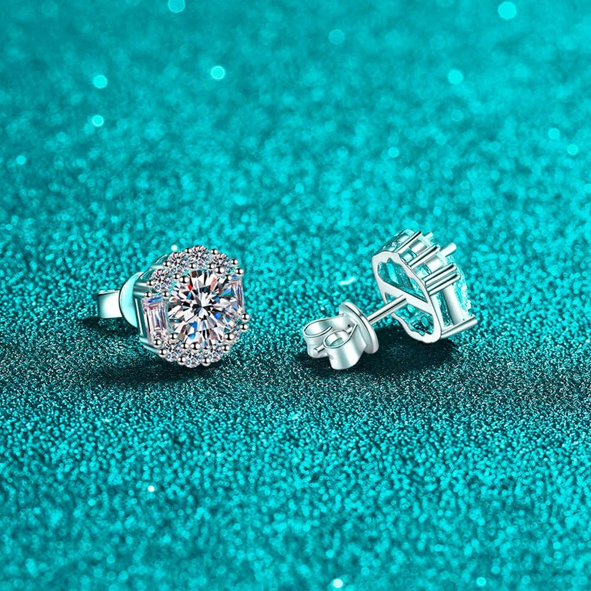 Round Halo Moissanite Stud Earrings with CZ in Rhodium-Plated S925 sterling silver product scene view showing angled setting detail