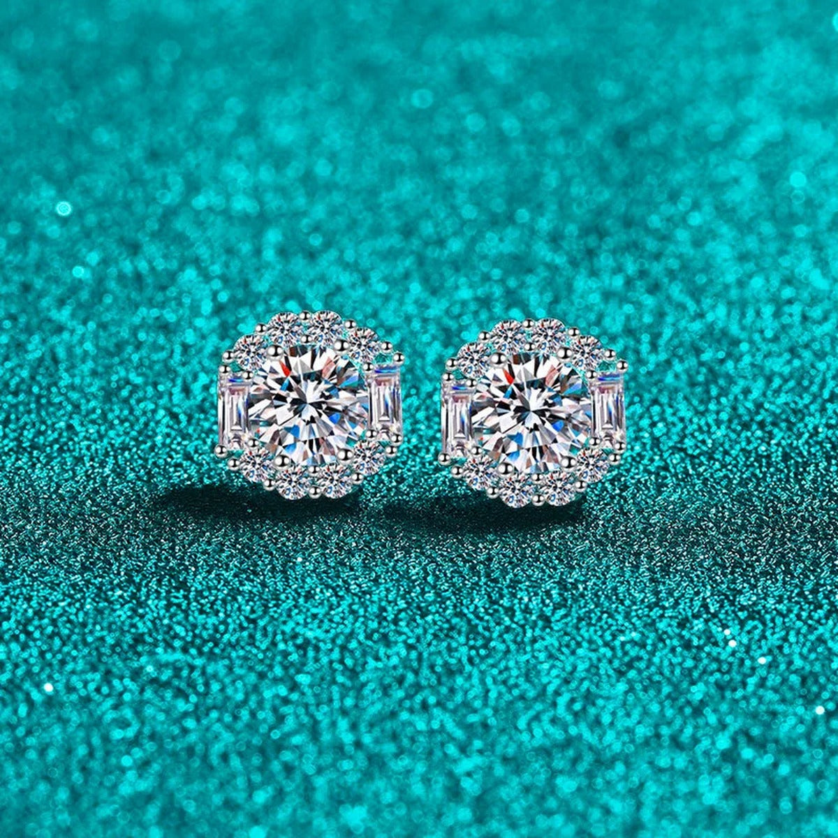 Round Halo Moissanite Stud Earrings with CZ in Rhodium-Plated S925 sterling silver product scene view showing side profile