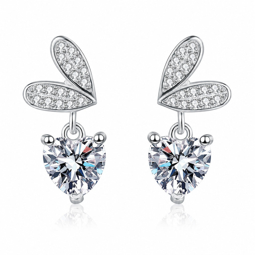 Heart Moissanite Stud Dangle Earrings with CZ in Rhodium-Plated S925 sterling silver white background product photo showing the pair, stone shape, and stud dangle earrings silhouette