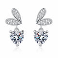 Heart Moissanite Stud Dangle Earrings with CZ in Rhodium-Plated S925 sterling silver white background product photo showing the pair, stone shape, and stud dangle earrings silhouette