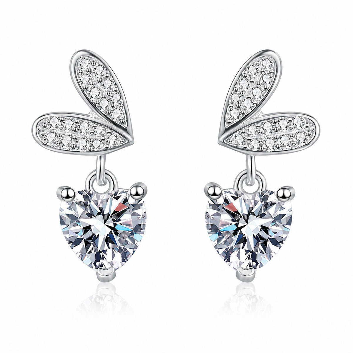 Heart Moissanite Stud Dangle Earrings with CZ in Rhodium-Plated S925 sterling silver white background product photo showing the pair, stone shape, and stud dangle earrings silhouette