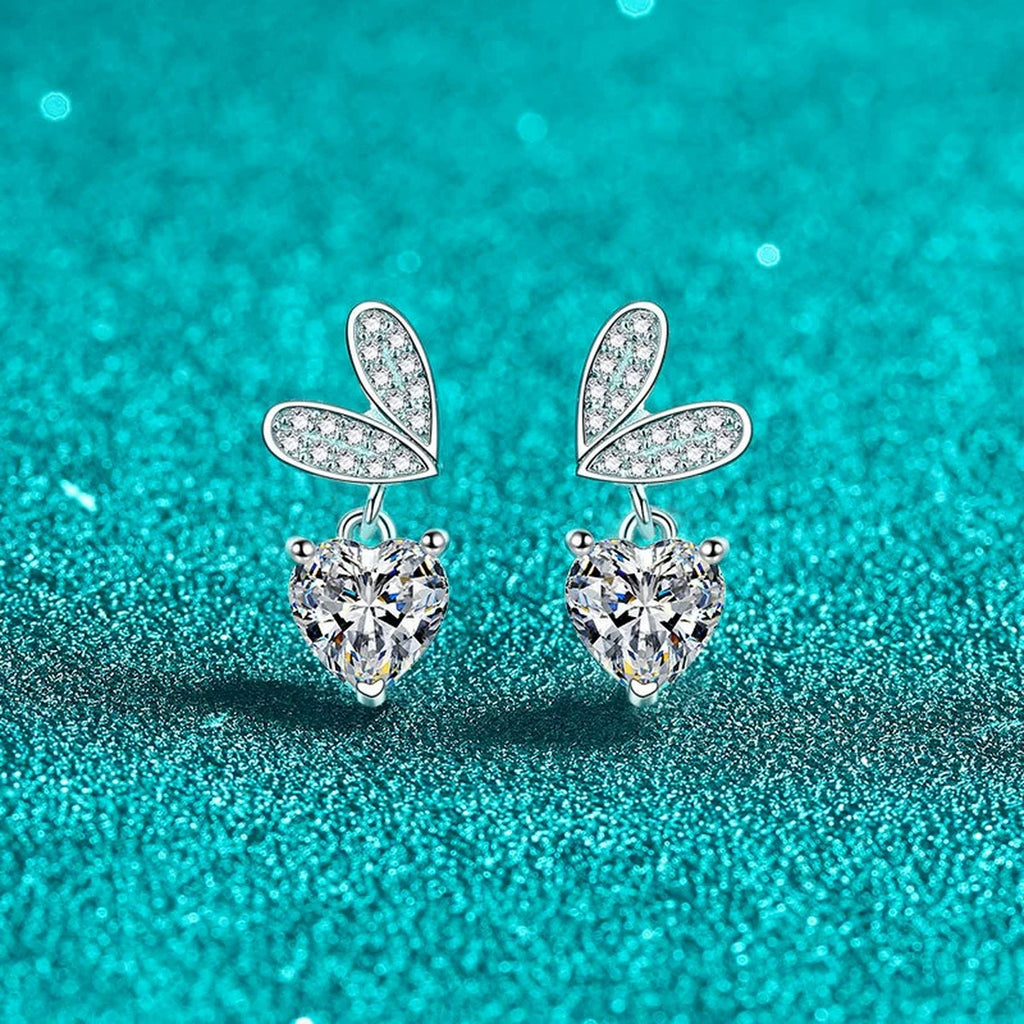 Heart Moissanite Stud Dangle Earrings with CZ in Rhodium-Plated S925 sterling silver product scene view showing front sparkle