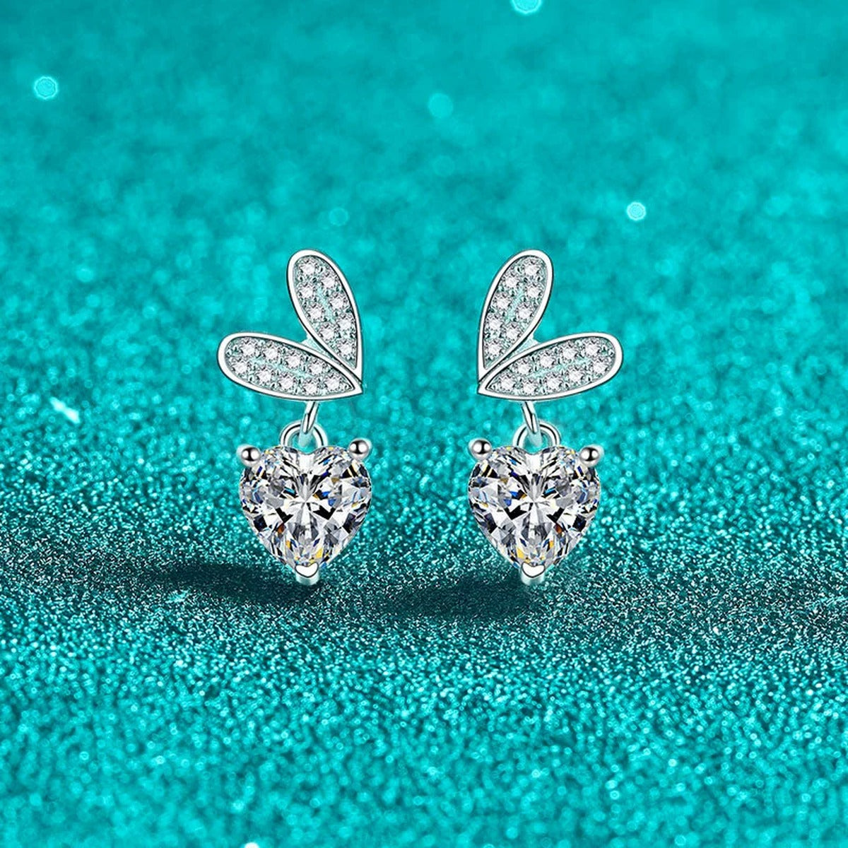 Heart Moissanite Stud Dangle Earrings with CZ in Rhodium-Plated S925 sterling silver product scene view showing front sparkle