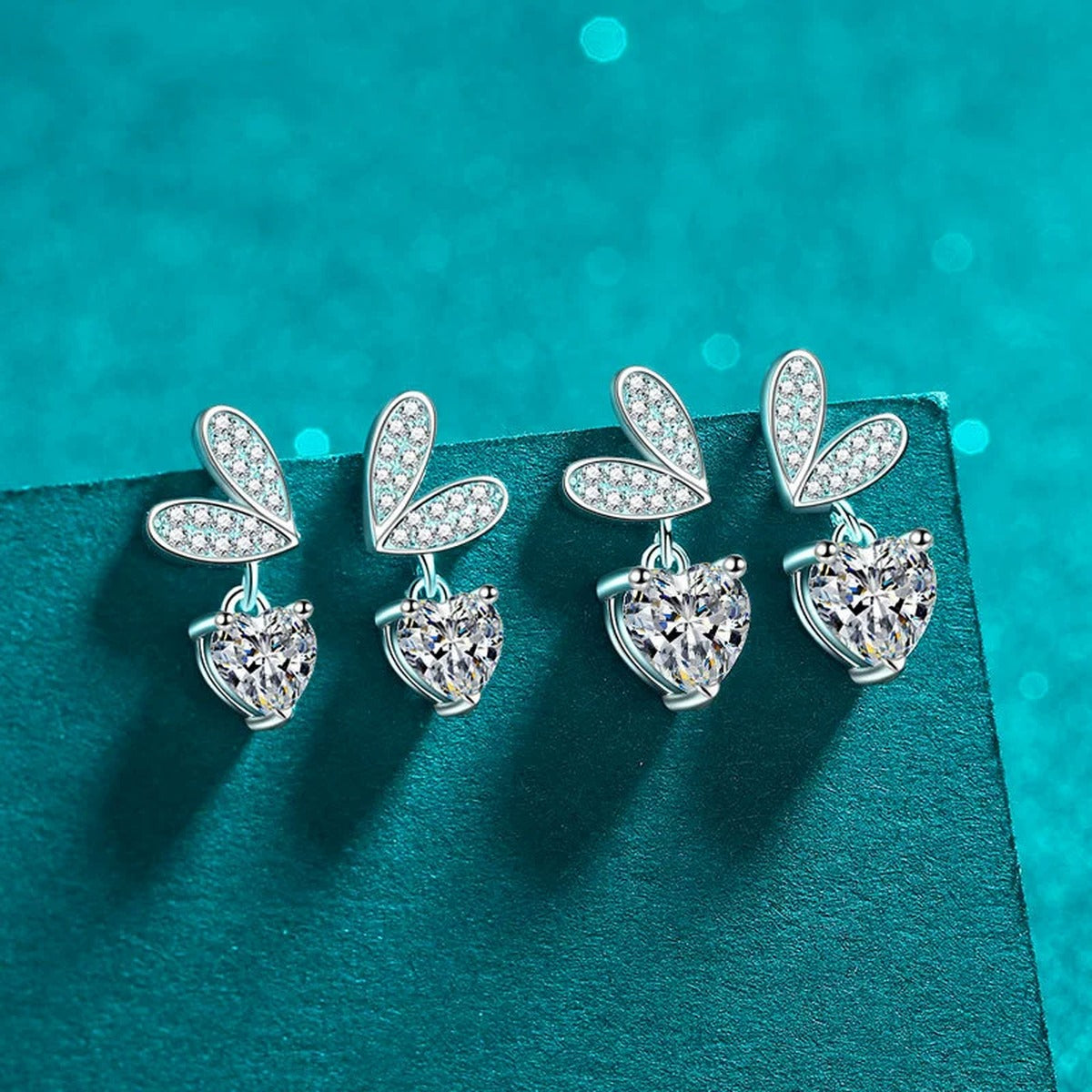 Heart Moissanite Stud Dangle Earrings with CZ in Rhodium-Plated S925 sterling silver product scene view showing side profile