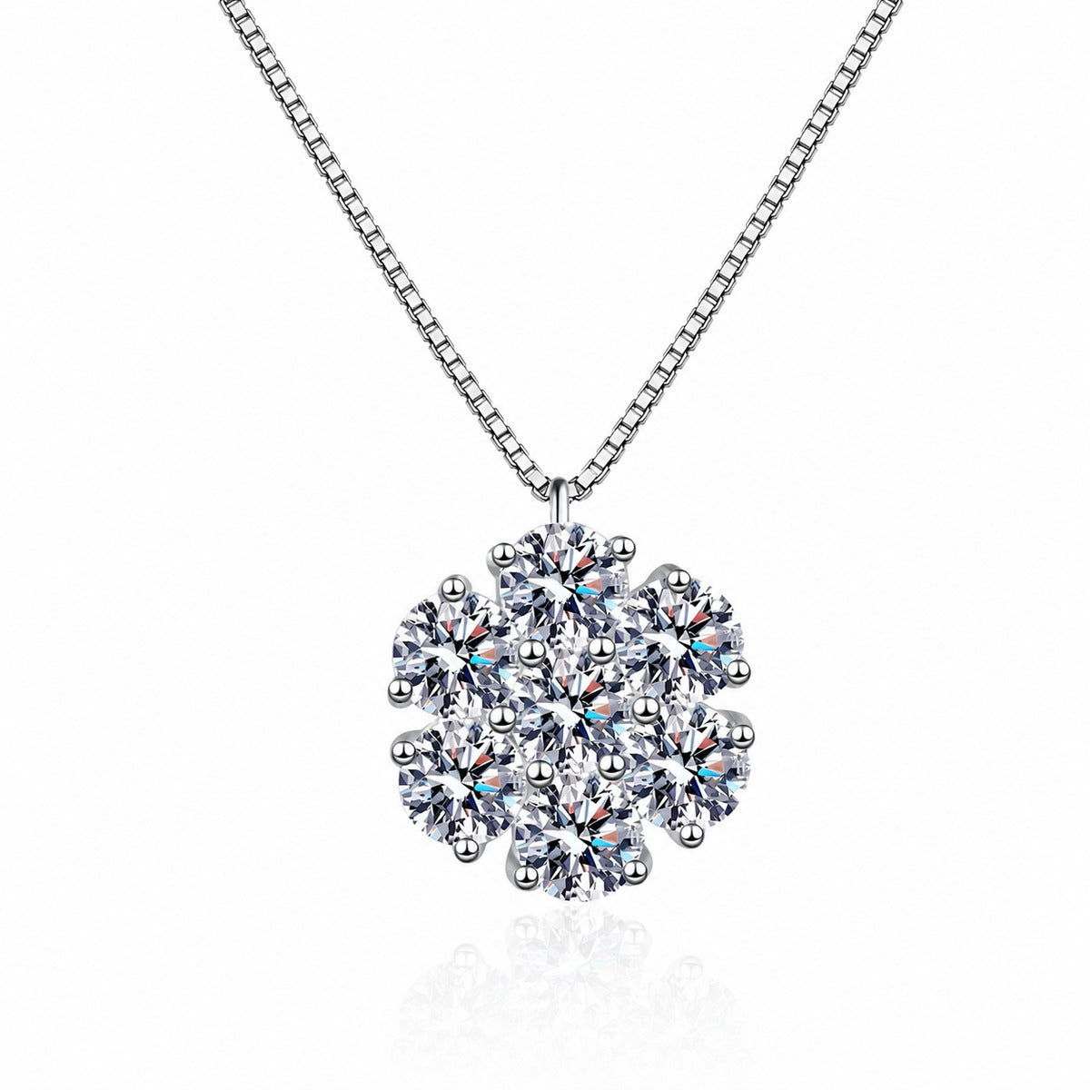 Sunflower Moissanite Pendant Necklace in Rhodium-Plated S925 sterling silver white background product photo showing round sunflower moissanite pendant offered in three carat sizes