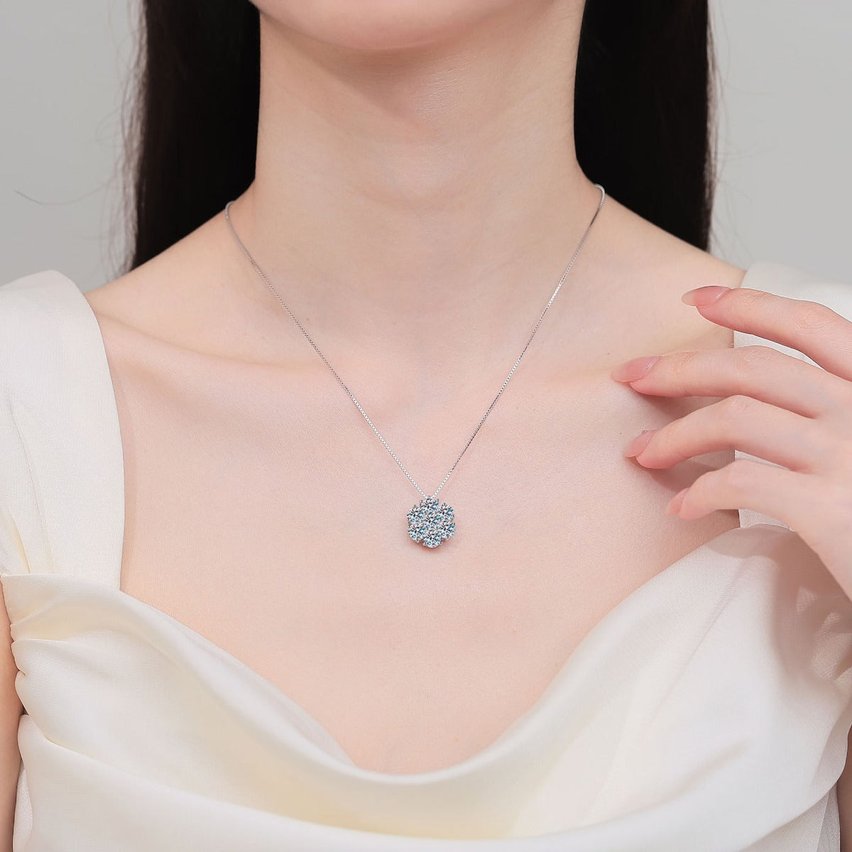 Sunflower Moissanite Pendant Necklace in Rhodium-Plated S925 sterling silver neckline model view showing pendant scale and adjustable chain