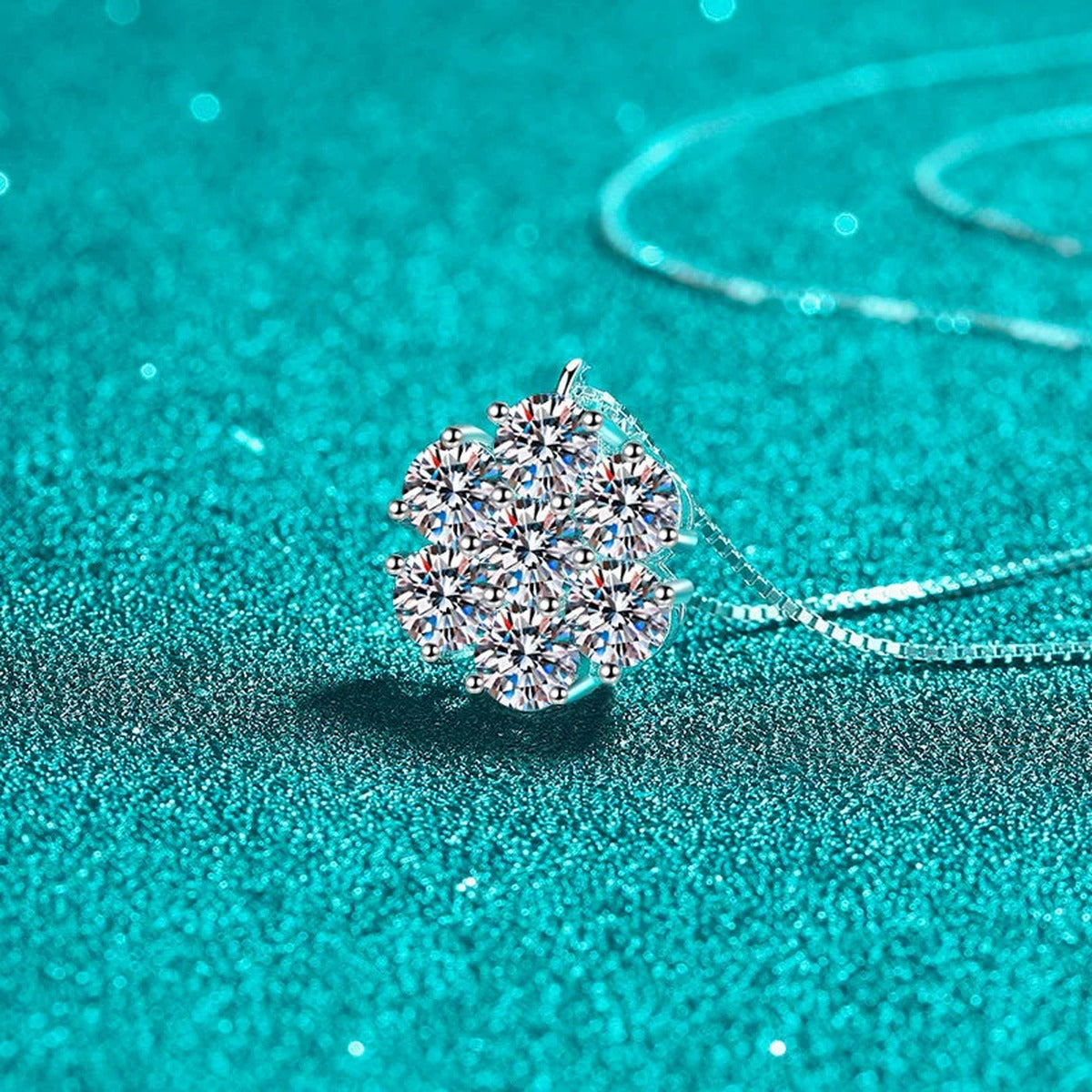 Sunflower Moissanite Pendant Necklace in Rhodium-Plated S925 sterling silver close-up product scene showing pendant setting
