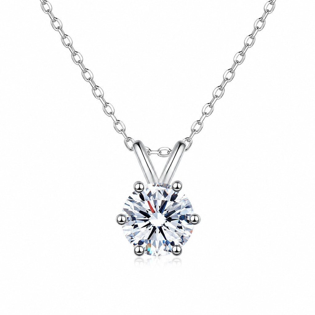Round Solitaire Moissanite Pendant Necklace in Rhodium-Plated S925 sterling silver white background product photo showing round solitaire moissanite pendant with three selected carat sizes