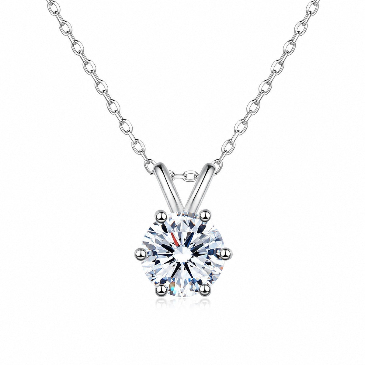 Round Solitaire Moissanite Pendant Necklace in Rhodium-Plated S925 sterling silver white background product photo showing round solitaire moissanite pendant with three selected carat sizes