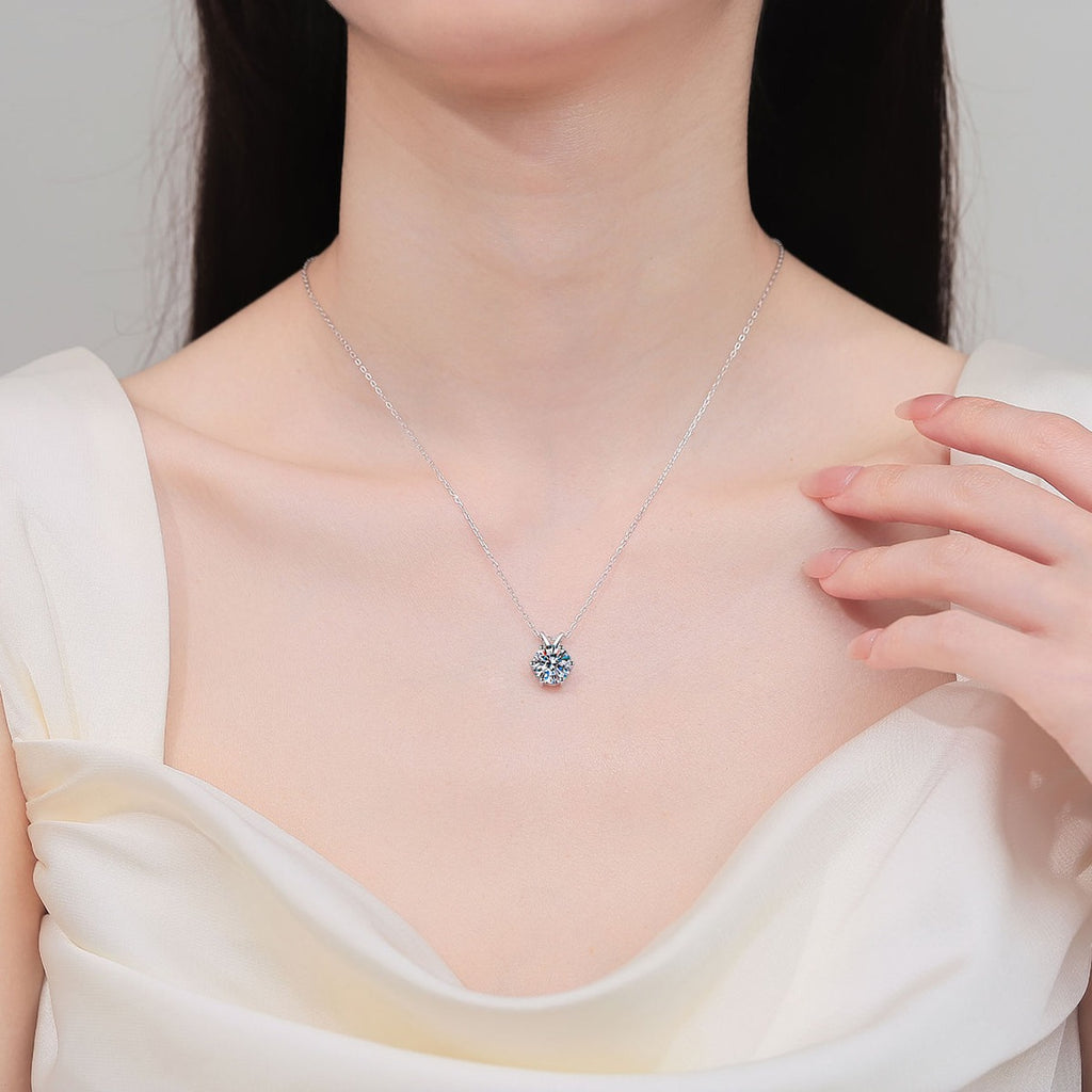 Round Solitaire Moissanite Pendant Necklace in Rhodium-Plated S925 sterling silver neckline model view showing pendant scale and adjustable chain