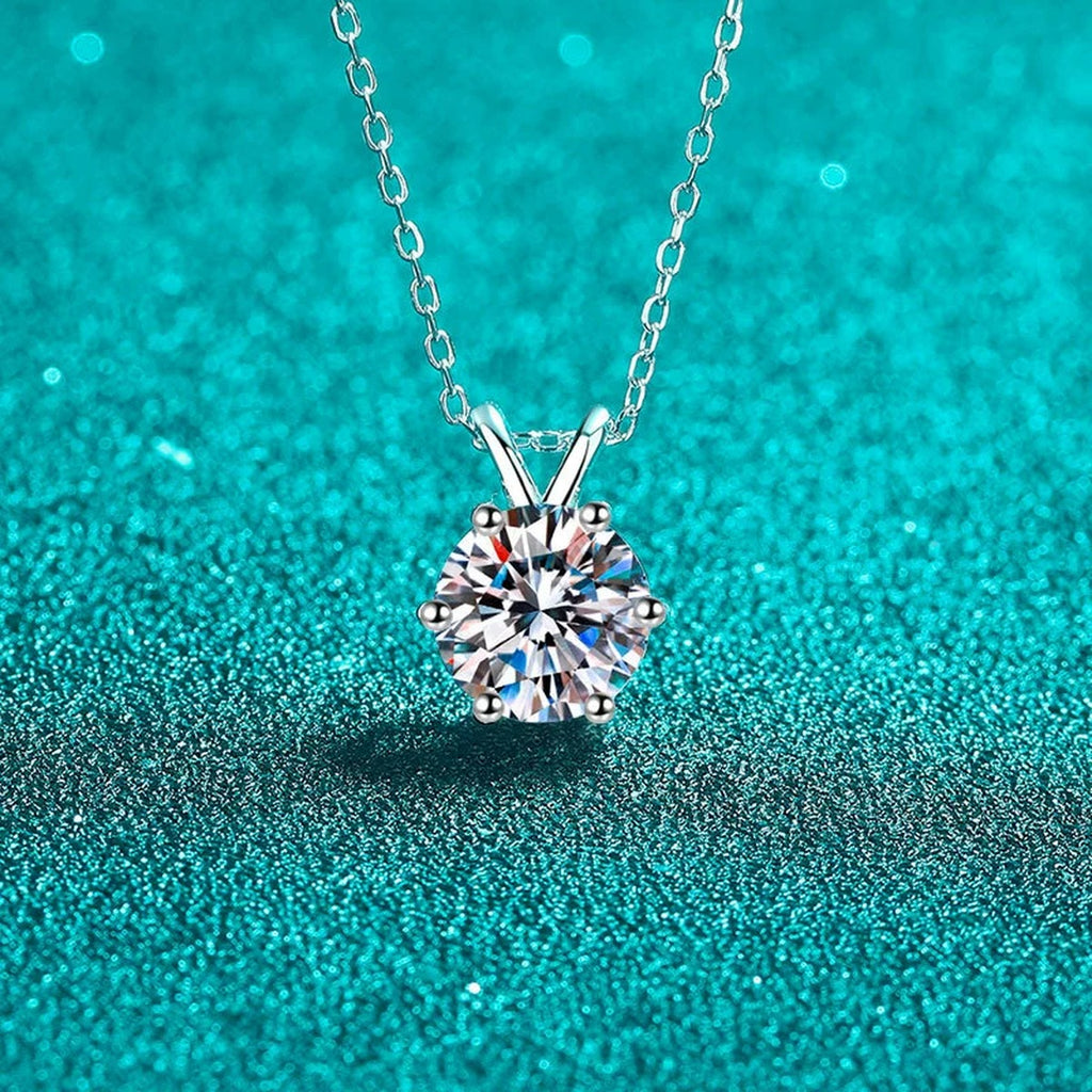 Round Solitaire Moissanite Pendant Necklace in Rhodium-Plated S925 sterling silver close-up product scene showing pendant setting