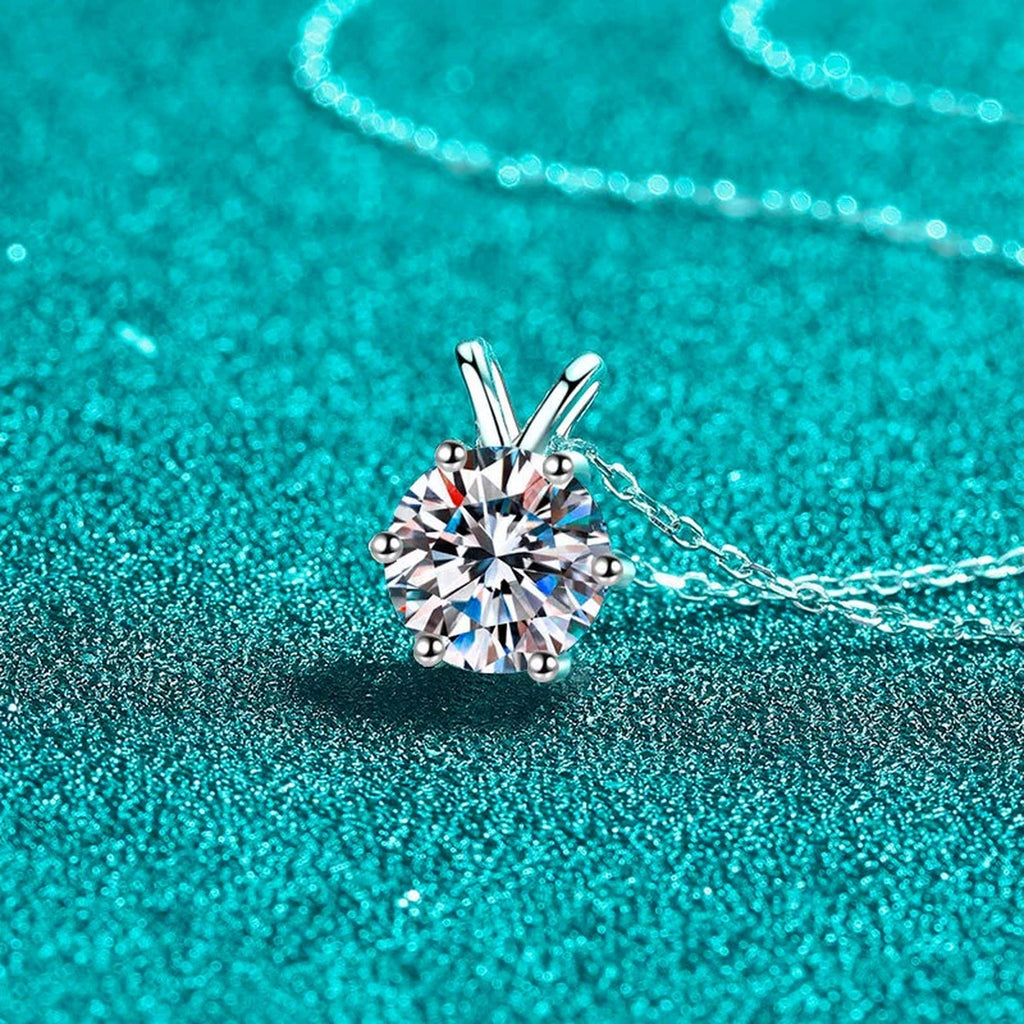 Round Solitaire Moissanite Pendant Necklace in Rhodium-Plated S925 sterling silver blue display scene showing chain and stone layout