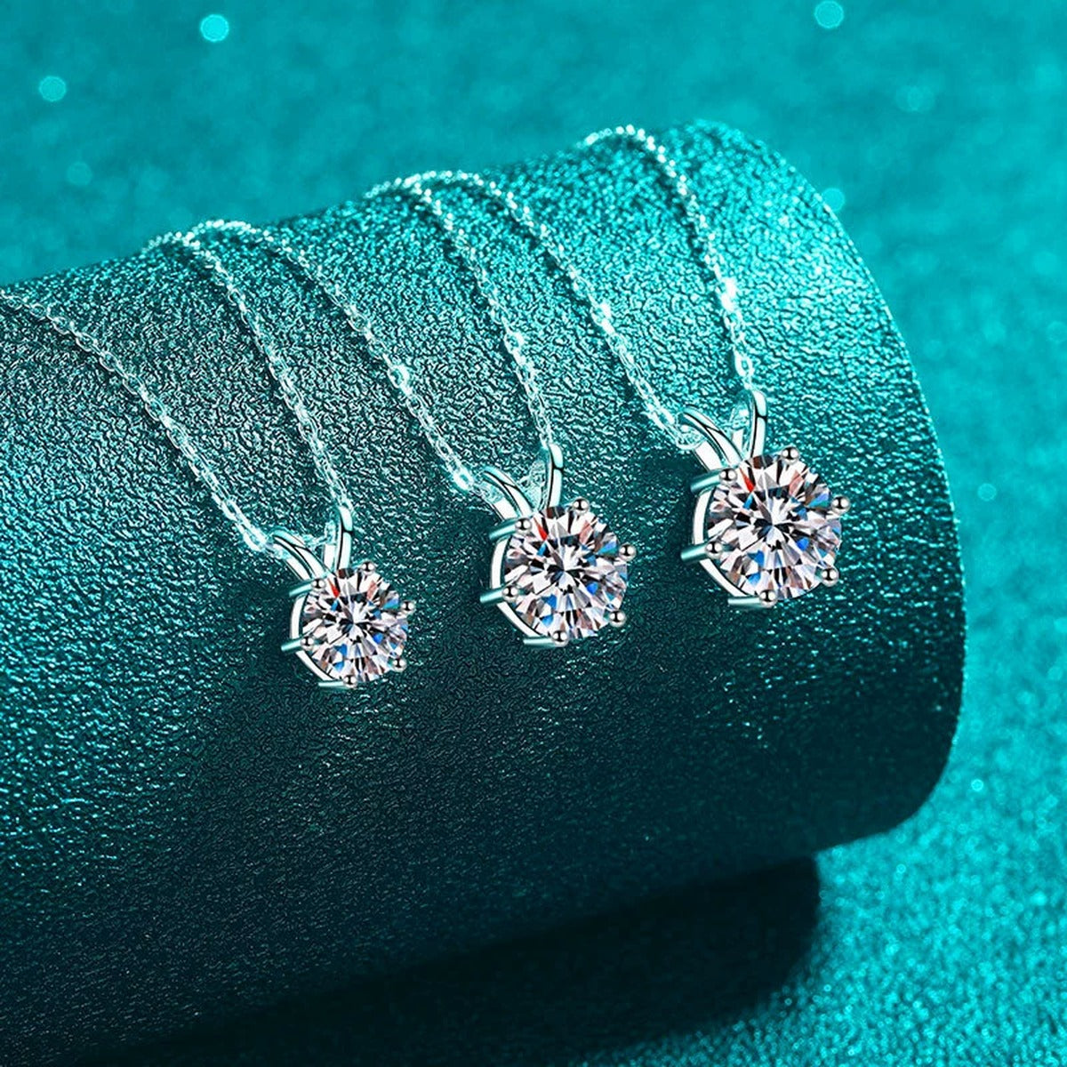 Round Solitaire Moissanite Pendant Necklace in Rhodium-Plated S925 sterling silver angled product detail view