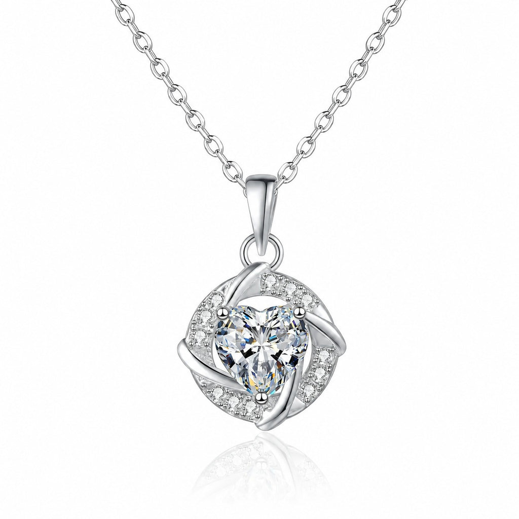 Heart Halo Moissanite Pendant Necklace with CZ in Rhodium-Plated S925 sterling silver white background product photo showing heart halo pendant with a heart cut moissanite center and CZ frame