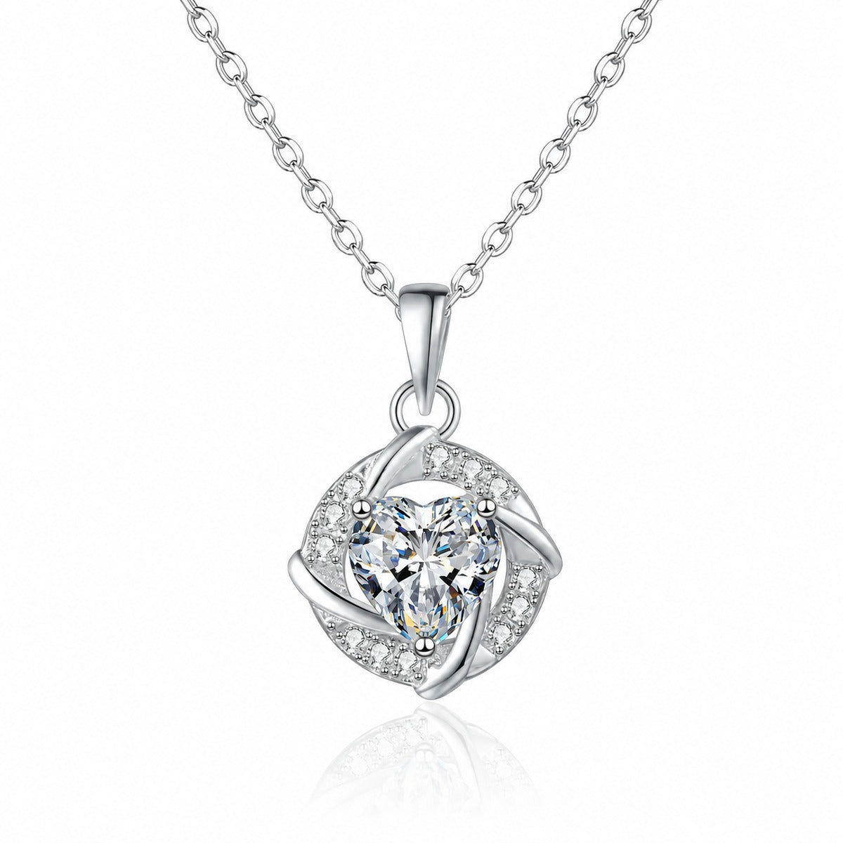 Heart Halo Moissanite Pendant Necklace with CZ in Rhodium-Plated S925 sterling silver white background product photo showing heart halo pendant with a heart cut moissanite center and CZ frame