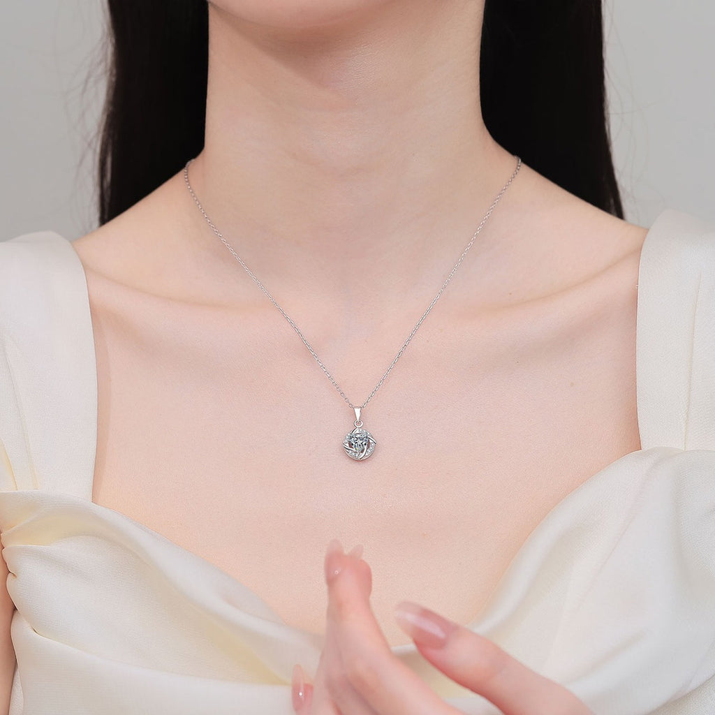 Heart Halo Moissanite Pendant Necklace with CZ in Rhodium-Plated S925 sterling silver neckline model view showing pendant scale and adjustable chain