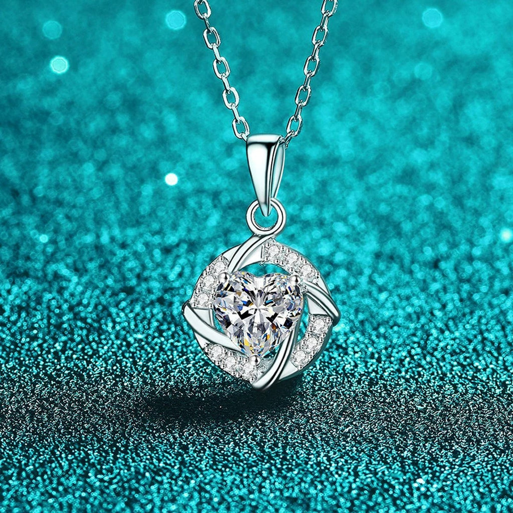 Heart Halo Moissanite Pendant Necklace with CZ in Rhodium-Plated S925 sterling silver close-up product scene showing pendant setting