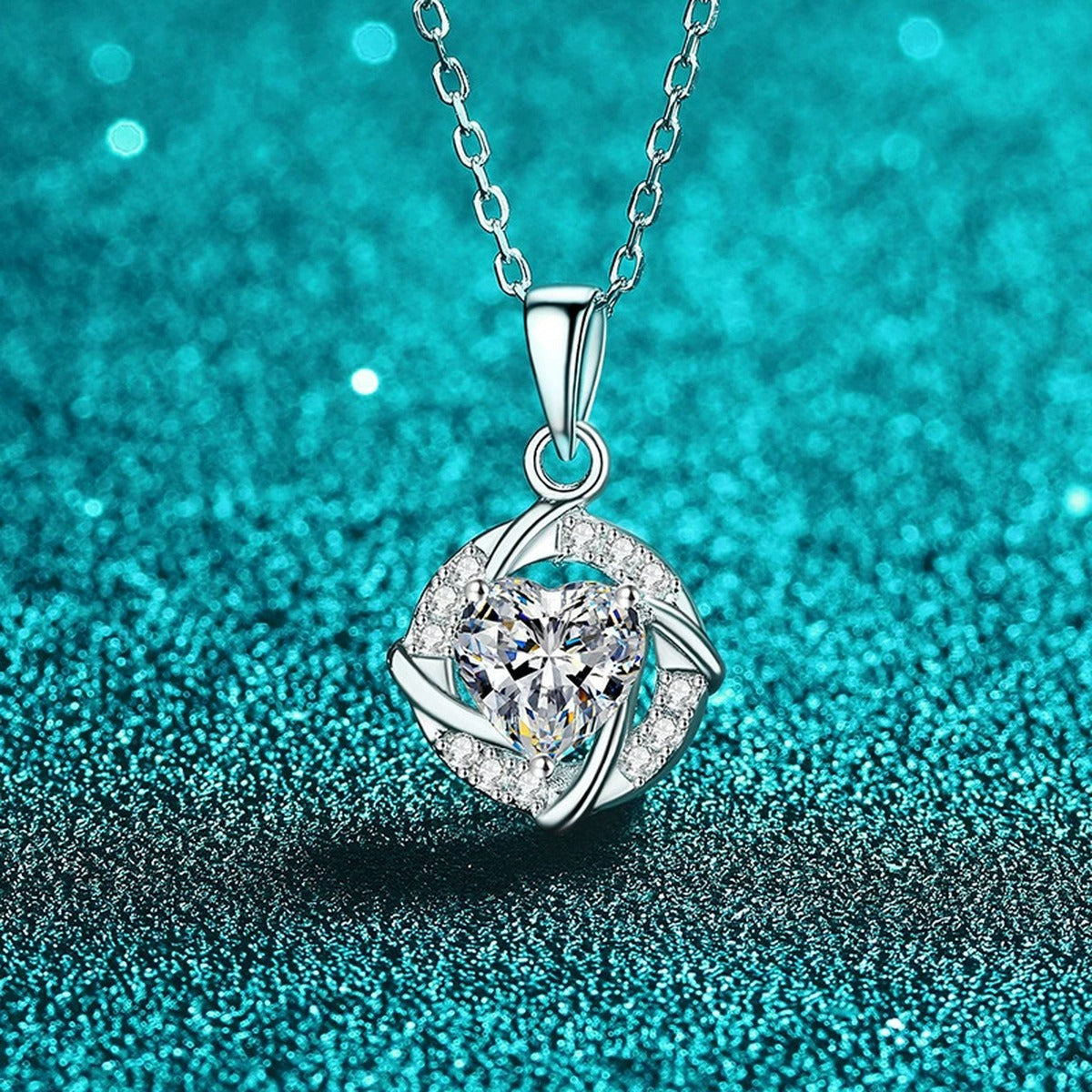 Heart Halo Moissanite Pendant Necklace with CZ in Rhodium-Plated S925 sterling silver close-up product scene showing pendant setting