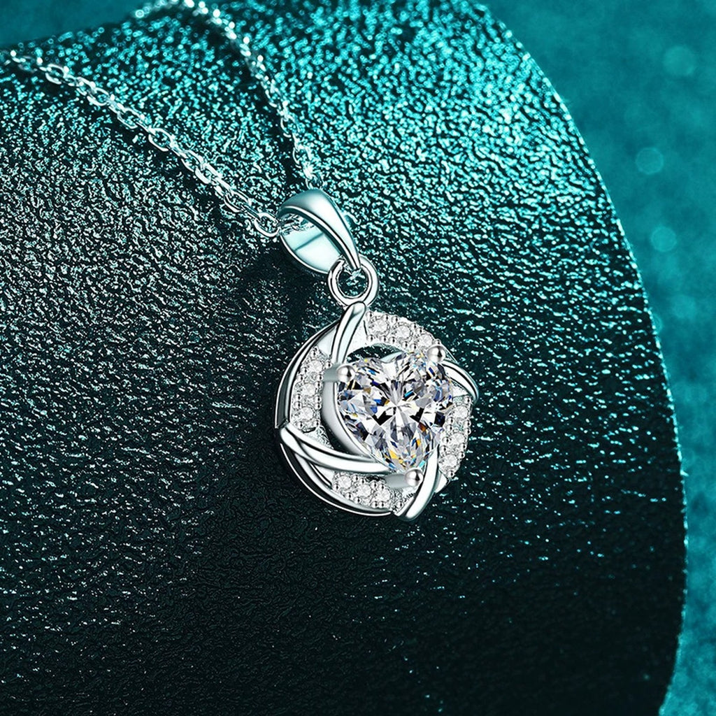 Heart Halo Moissanite Pendant Necklace with CZ in Rhodium-Plated S925 sterling silver blue display scene showing chain and stone layout