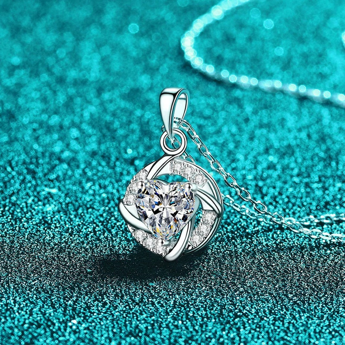 Heart Halo Moissanite Pendant Necklace with CZ in Rhodium-Plated S925 sterling silver angled product detail view