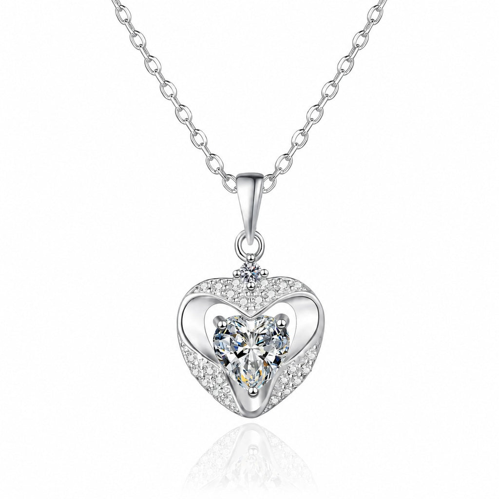 Open Heart Moissanite Pendant Necklace with CZ in Rhodium-Plated S925 sterling silver white background product photo showing open heart pendant with a heart cut moissanite center and CZ accents