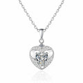 Open Heart Moissanite Pendant Necklace with CZ in Rhodium-Plated S925 sterling silver white background product photo showing open heart pendant with a heart cut moissanite center and CZ accents