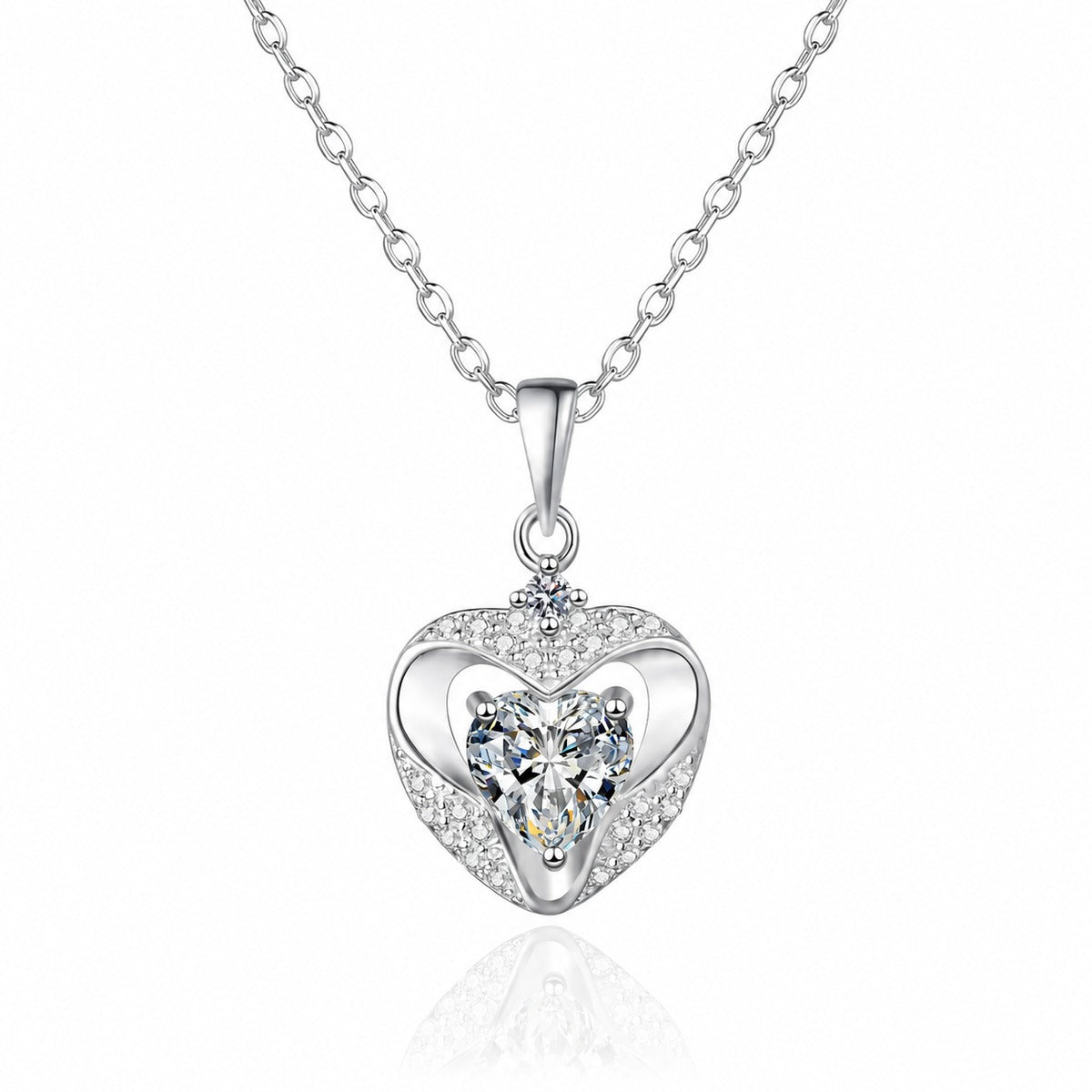 Open Heart Moissanite Pendant Necklace with CZ in Rhodium-Plated S925 sterling silver white background product photo showing open heart pendant with a heart cut moissanite center and CZ accents