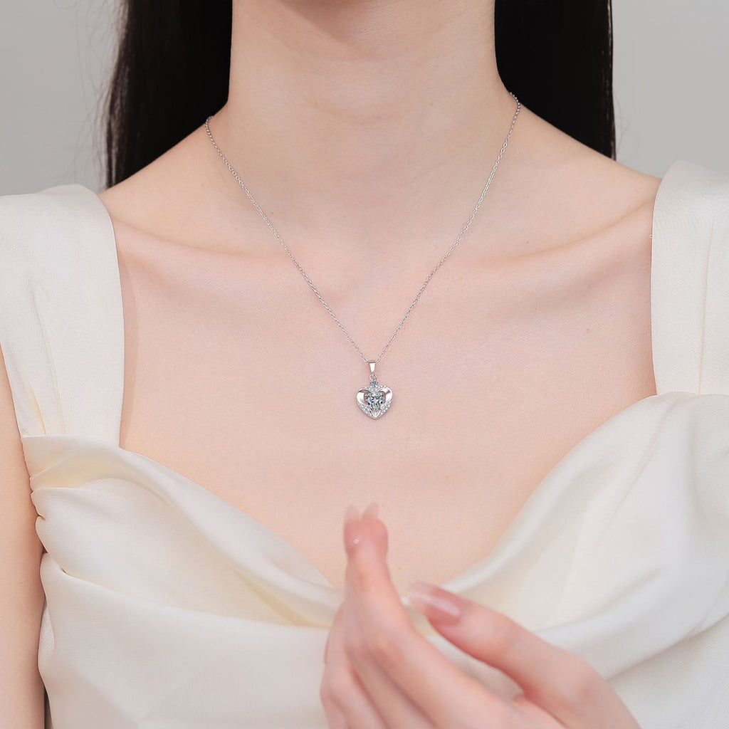 Open Heart Moissanite Pendant Necklace with CZ in Rhodium-Plated S925 sterling silver neckline model view showing pendant scale and adjustable chain