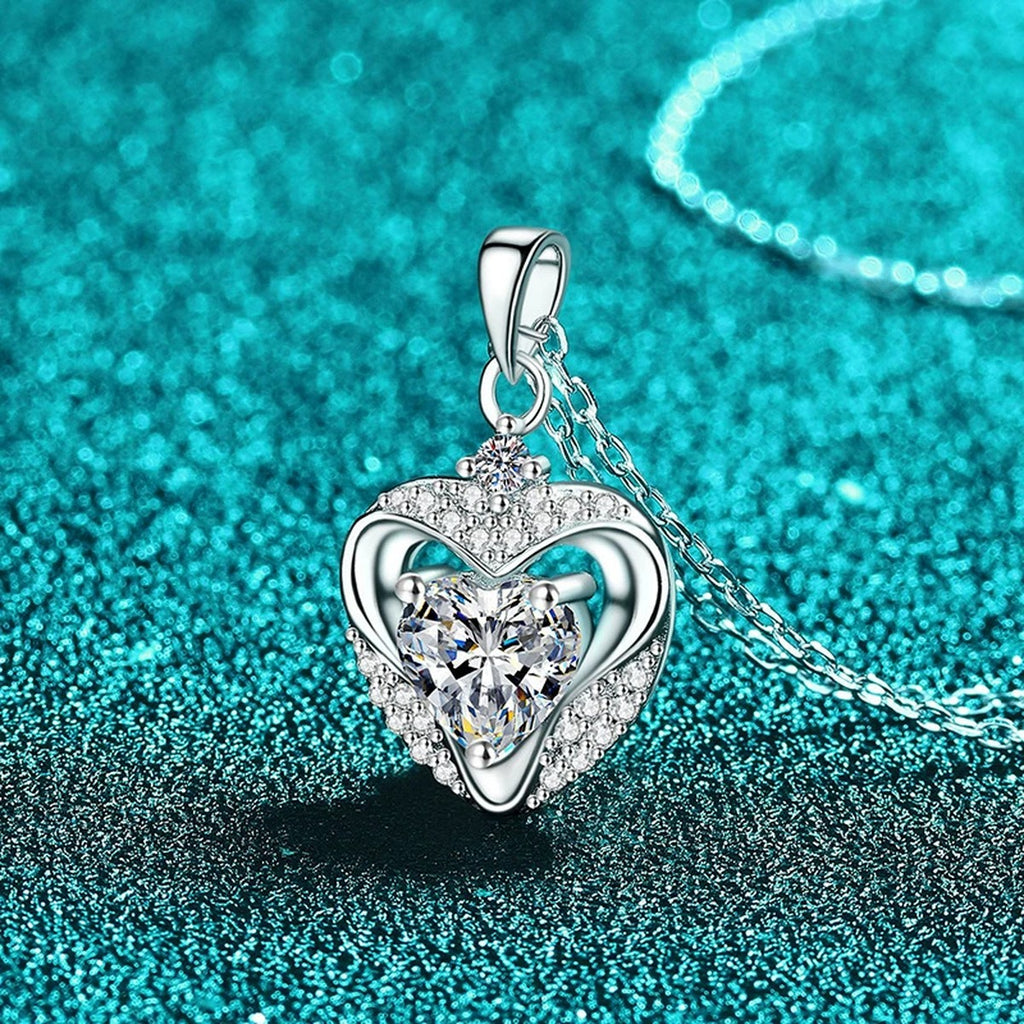Open Heart Moissanite Pendant Necklace with CZ in Rhodium-Plated S925 sterling silver close-up product scene showing pendant setting