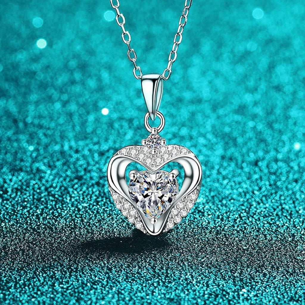 Open Heart Moissanite Pendant Necklace with CZ in Rhodium-Plated S925 sterling silver angled product detail view