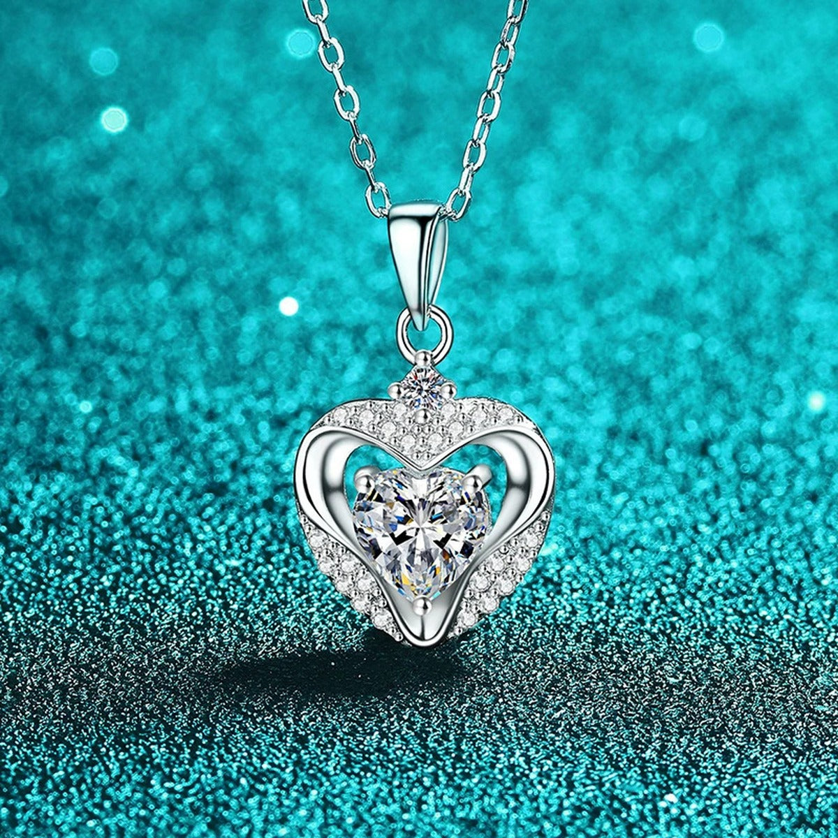 Open Heart Moissanite Pendant Necklace with CZ in Rhodium-Plated S925 sterling silver angled product detail view