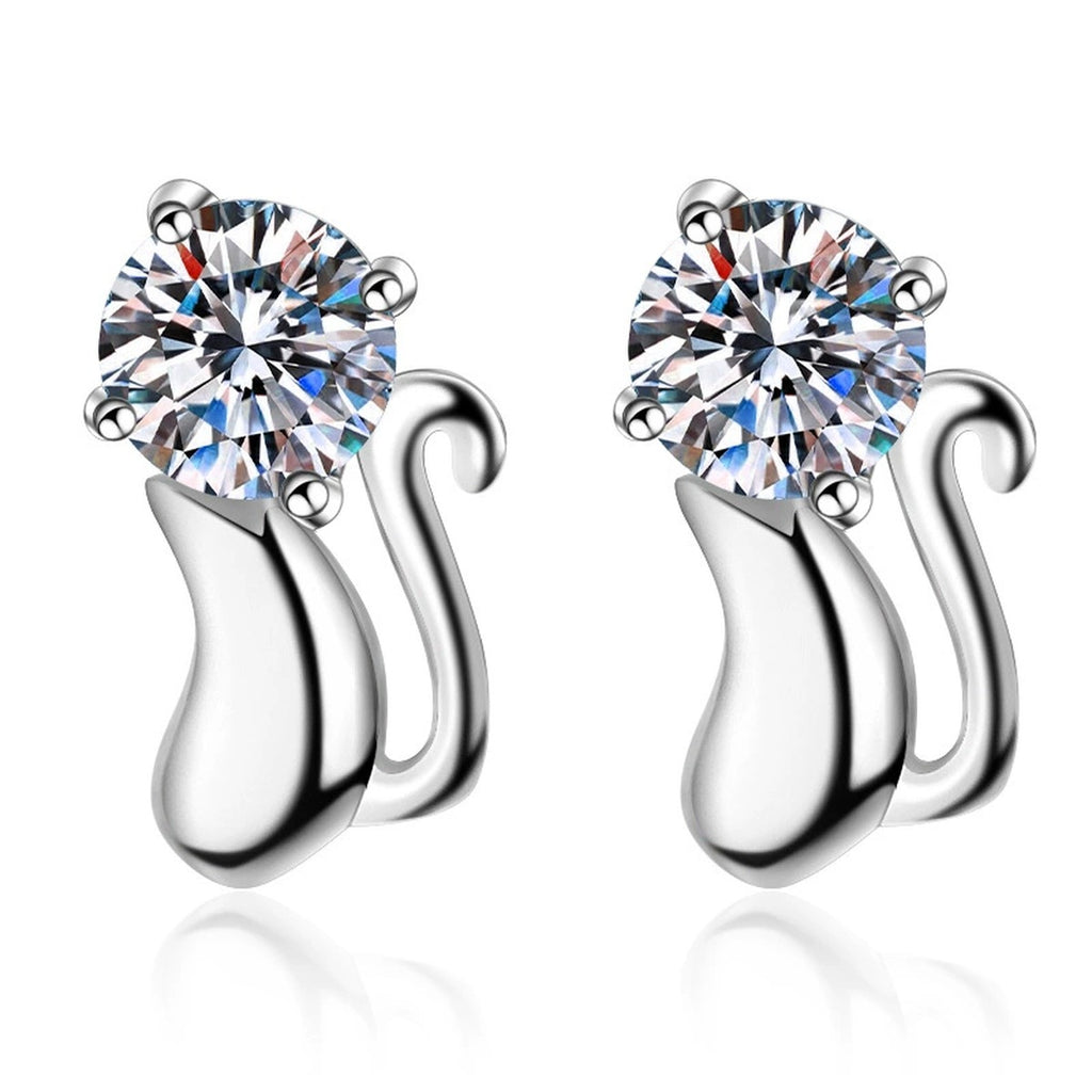 Cat Moissanite Stud Earrings in Rhodium-Plated S925 Sterling Silver on clean white background showing the pair, setting, and stud earrings silhouette