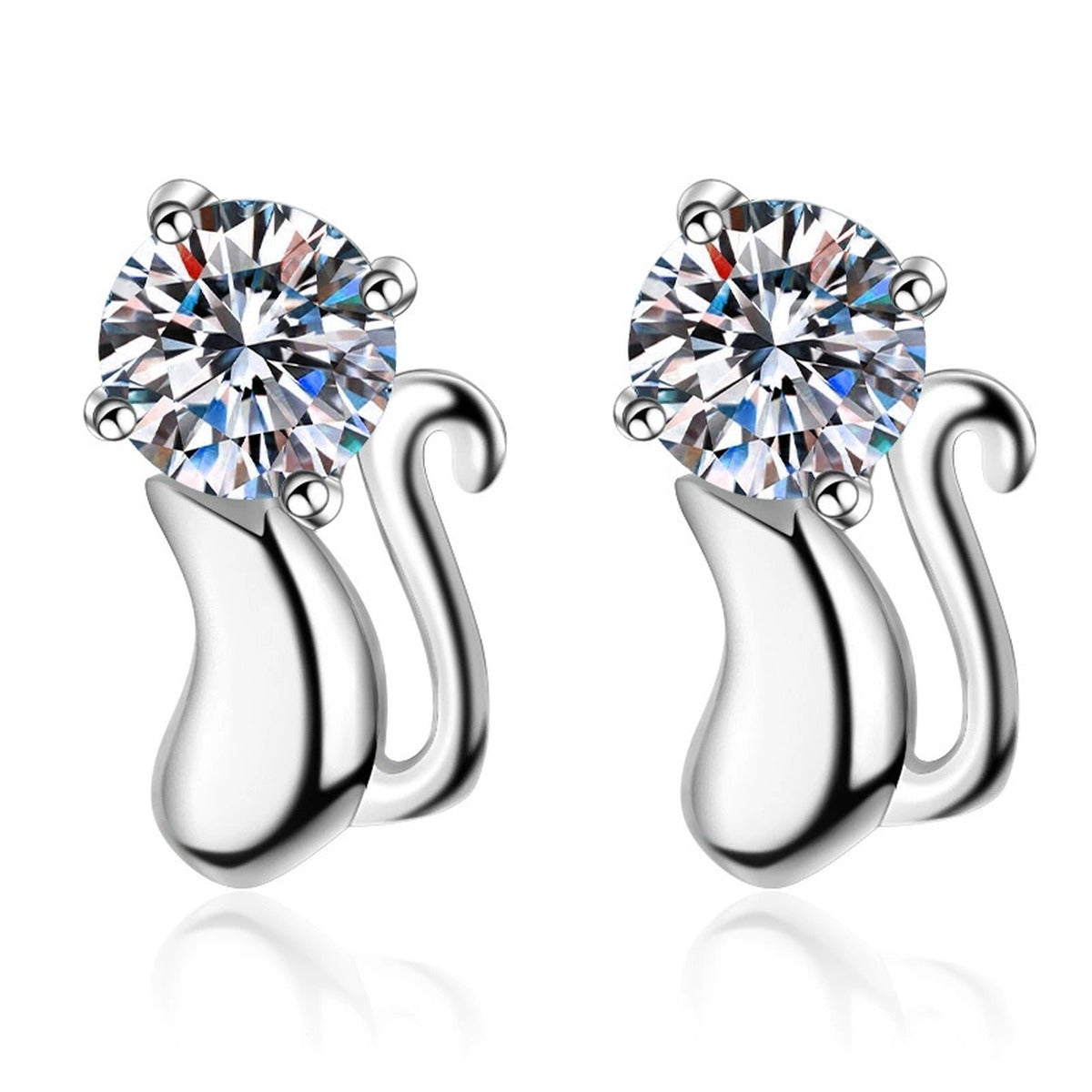 Cat Moissanite Stud Earrings in Rhodium-Plated S925 Sterling Silver on clean white background showing the pair, setting, and stud earrings silhouette