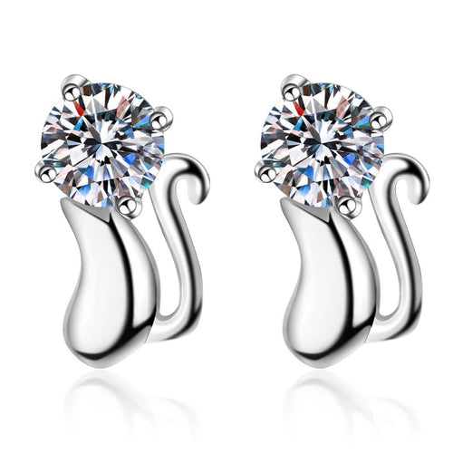Cat Moissanite Stud Earrings in Rhodium-Plated S925 Sterling Silver on clean white background showing the pair, setting, and stud earrings silhouette