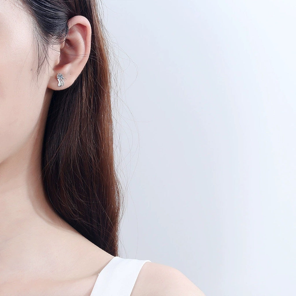 Cat Moissanite Stud Earrings in Rhodium-Plated S925 Sterling Silver worn on ear by model to show scale, drop length, and everyday styling