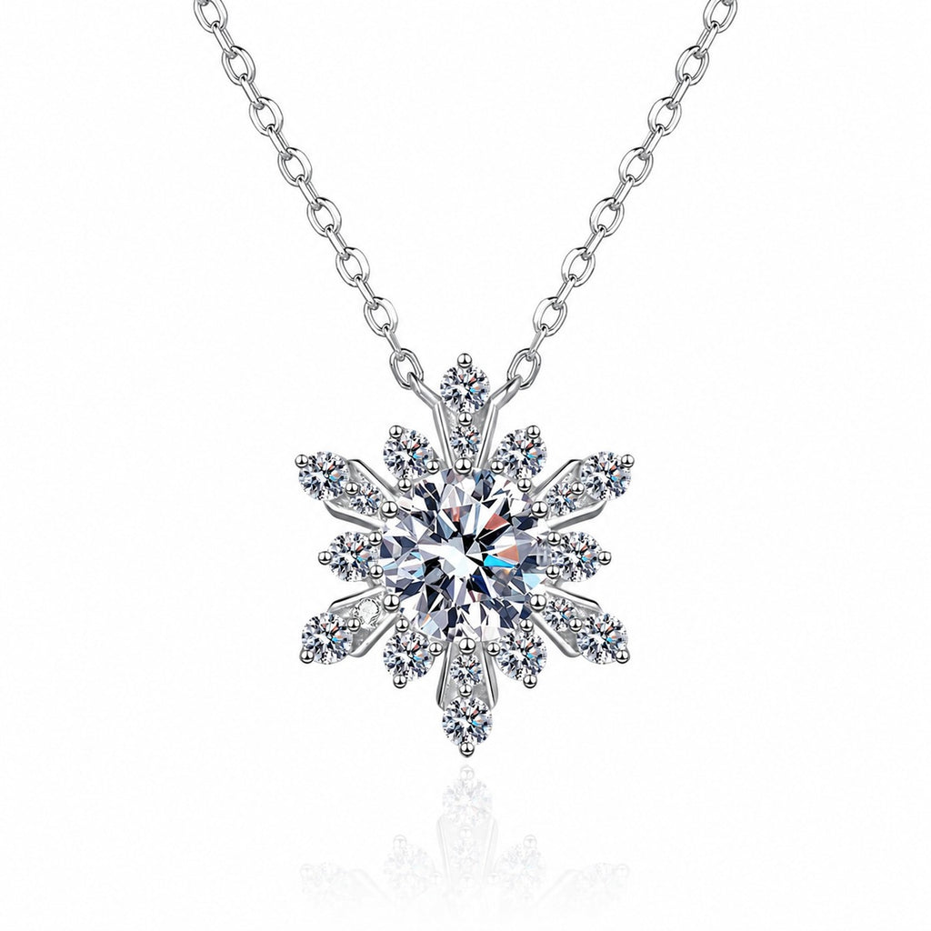 Snowflake Moissanite Pendant Necklace with CZ in Rhodium-Plated S925 sterling silver white background product photo showing snowflake pendant with a round moissanite center and CZ points