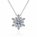 Snowflake Moissanite Pendant Necklace with CZ in Rhodium-Plated S925 sterling silver white background product photo showing snowflake pendant with a round moissanite center and CZ points